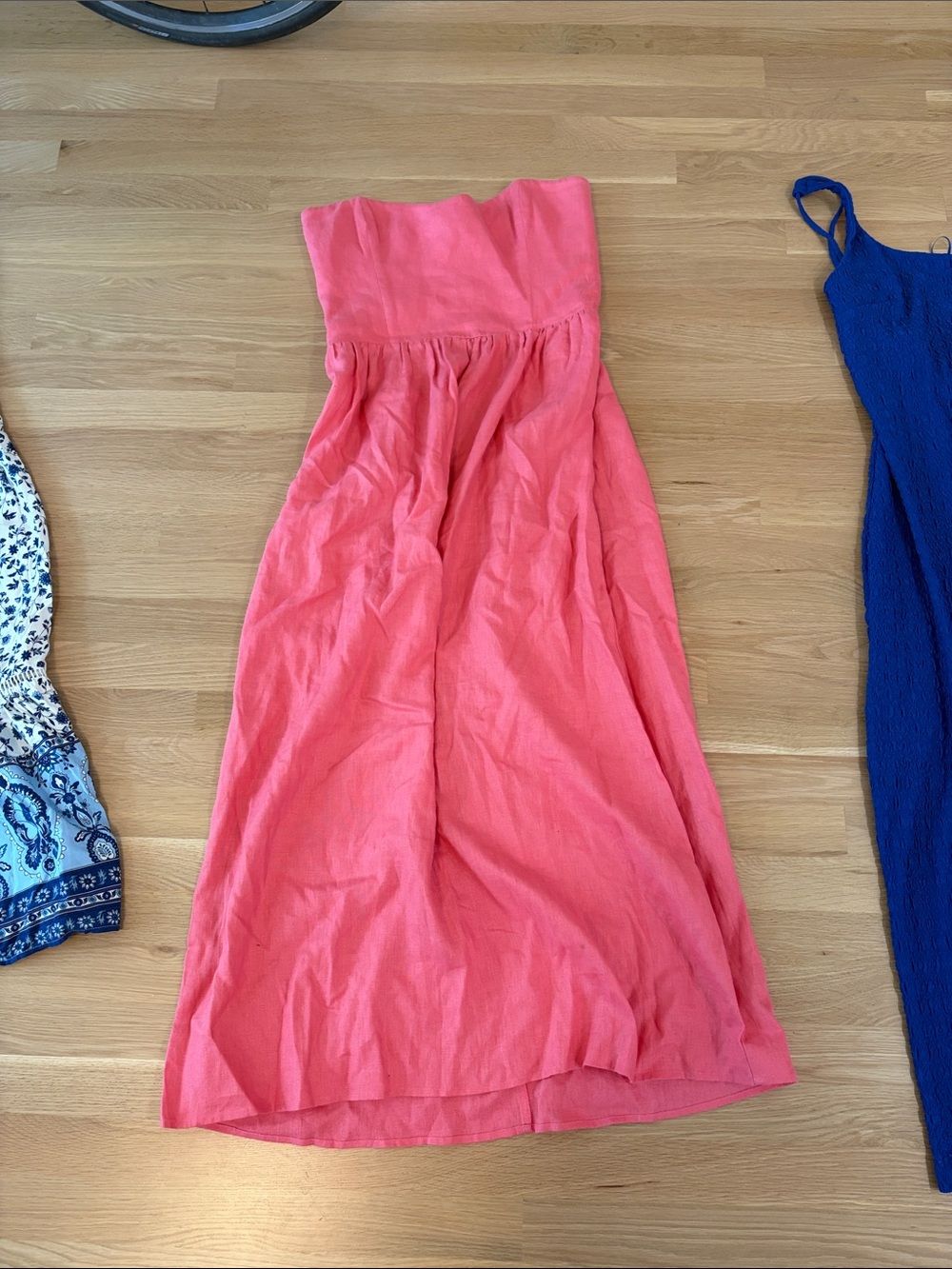 Reformation Strapless Coral-Pink Midi Dress